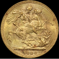 1888 Melbourne Jubilee Head Sovereign Legend 2 Dish M10 about Unc