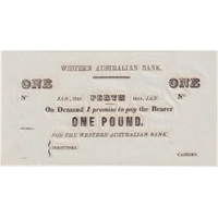 Western Australian Bank 1844 Type I Unissued One Pound Note Uncirculated