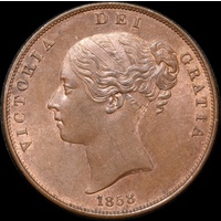 1858 Copper Penny Victoria S#3948 about Unc