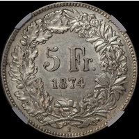Switzerland 1874-B Silver 5 Francs KM# 11 NGC XF45