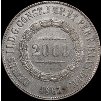 Brazil 1865 PTS Silver 2,000 Reis KM# 466 good VF
