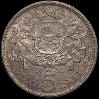 Latvia 1931 Silver 5 Lati KM#9 about Unc