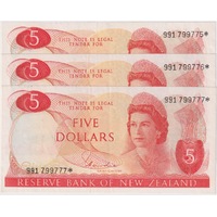 New Zealand 1981 Consecutive Trio Five Dollar Star Note Hardie P#171A good EF