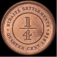 Straits Settlements 1916 Copper 1/4 Cent KM#27 Uncirculated