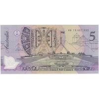 1992 $5 Note Fraser/Cole AB19 Last Prefix R214L (Dark Green Serials) Uncirculated