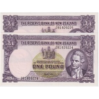 New Zealand 1956 1 Pound Consecutive Pair Fleming Pick#159d Uncirculated