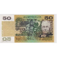 1985 $50 Note Gothic Serials Side Thread Johnston/Fraser Wet Ink Transfer R509A EF