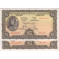 Ireland (Republic) 1.10.1975 Five Pound Consecutive Pair P# 65c GEF