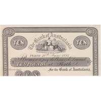 Bank of Australasia (Perth) 1895 10 Pounds Unissued Printer's Proof MVR# 2c good VF