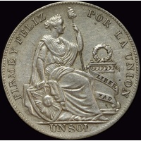 Peru 1934 Silver Sol KM# 218.2 about Unc