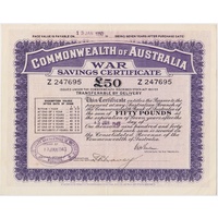 Australia 1943 War Savings Certificate for Fifty Pounds Wodonga GEF