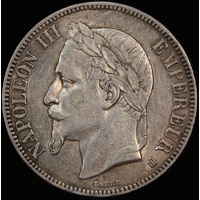 France 1868-BB Silver 5 Francs KM# 799.1 good VF