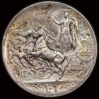 Italy 1917 Silver 1 Lire KM# 57 about Unc