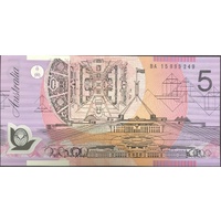 2015 $5 Note Stevens / Fraser BA15 First Prefix R223F Uncirculated