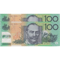 1998 $100 Note Consecutive Pair Macfarlane/Evans CF98 First Prefix R618aL Uncirculated