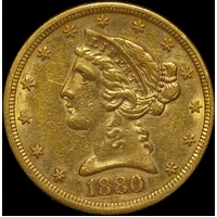 United States 1880 Gold 5 Dollar Half Eagle Extremely Fine