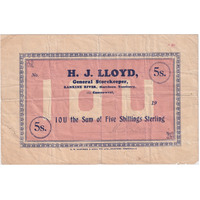 HJ Lloyd ca1931 Shinplaster for Five Shillings (Rankine River NT) Fine