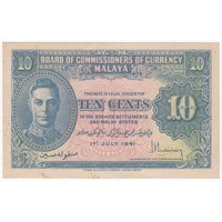 Malaya 1941 10 Cents P# 8 good EF