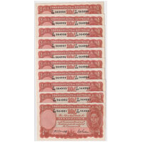 1942 Ten Shilling Consecutive Run of 10 Armitage/McFarlane R13 good EF