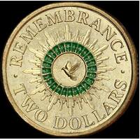 2014 Coloured 2 Dollar Coin Remembrance Day Green Dove about Unc
