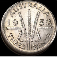 1952 Threepence 3mm Offstrike Error about Unc