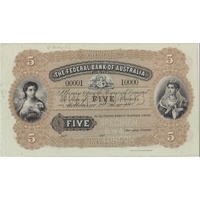 Federal Bank of Australia (Melbourne) ca 1882 5 Pounds Unissued Specimen Note MVR# 1 Uncirculated Serials: 00001 - 10000