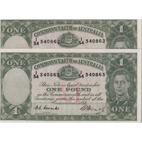 1949 One Pound Consecutive Pair Coombs/Watt R31 Uncirculated