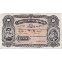 Federal Bank of Australia (Melbourne) ca 1889 10 Pounds Unissued Specimen Note MVR# 1 Uncirculated