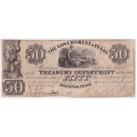 USA (Govt of Texas Treasury) 9.6.1837 Cancelled 50 Dollar Note