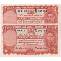 1952 Ten Shilling Consecutive Pair Coombs/Wilson R15 about Unc