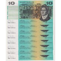 1974 $10 Note Consecutive Run of 8 Australia Phillips/Wheeler R305 about Unc