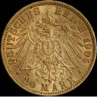German States (Prussia) 1905-A Gold 20 Marks P# 521 good VF