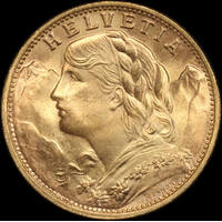 Switzerland 1949-B Gold 20 Francs KM#35.2 Uncirculated