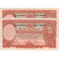 1936 Ten Shilling Consecutive Pair Riddle/Sheehan R11 about Unc