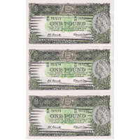 1961 One Pound Consecutive Trio Last Prefix HK/65 Coombs/Wilson R34bL Uncirculated