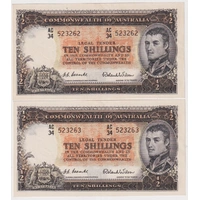 1954 Ten Shilling Consecutive Pair Coombs/Wilson R16 good EF