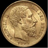 Belgium 1871 Gold 20 Francs KM#37 about Unc