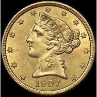 USA 1907 Gold 5 Dollar Half Eagle Uncirculated