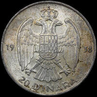 Yugoslavia 1938 Silver 20 Dinara KM# 23 Uncirculated