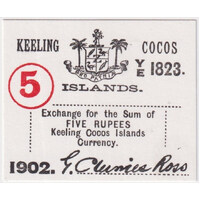 Keeling-Cocos Islands 1902 5 Rupees Exchange Note P#S128 about Unc