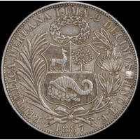 Peru 1887 Silver Sol KM# 196.22 Good EF