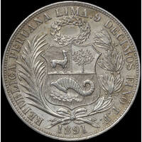 Peru 1891 Silver Sol KM# 196.24 Good EF
