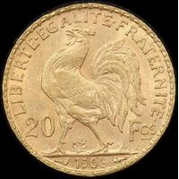 France 1906 Gold 20 Francs Rooster KM#847 about Unc