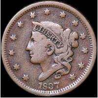 United States 1837 Copper Coronet Cent  Very Good