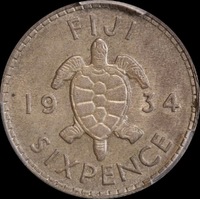 Fiji 1934 Silver Sixpence KM#3 PCGS MS62