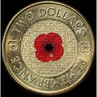 2012 Coloured 2 Dollar Coin Remembrance Day - Red Poppy about Unc