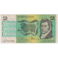 1985 $2 Note Johnston/Fraser R89 Very Fine Solid Serial Number LAG 999999