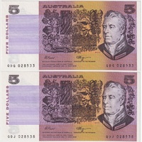 1990 $5 Note Pair Fraser/Higgins Partial Missing Intaglio R212 Uncirculated