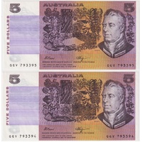 1990 $5 Note Pair Fraser/Higgins Intaglio Obstruction R212 Uncirculated