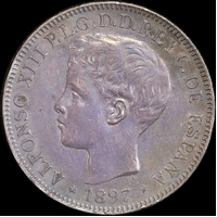 Philippines 1897 Silver 1 Peso KM#154 about EF